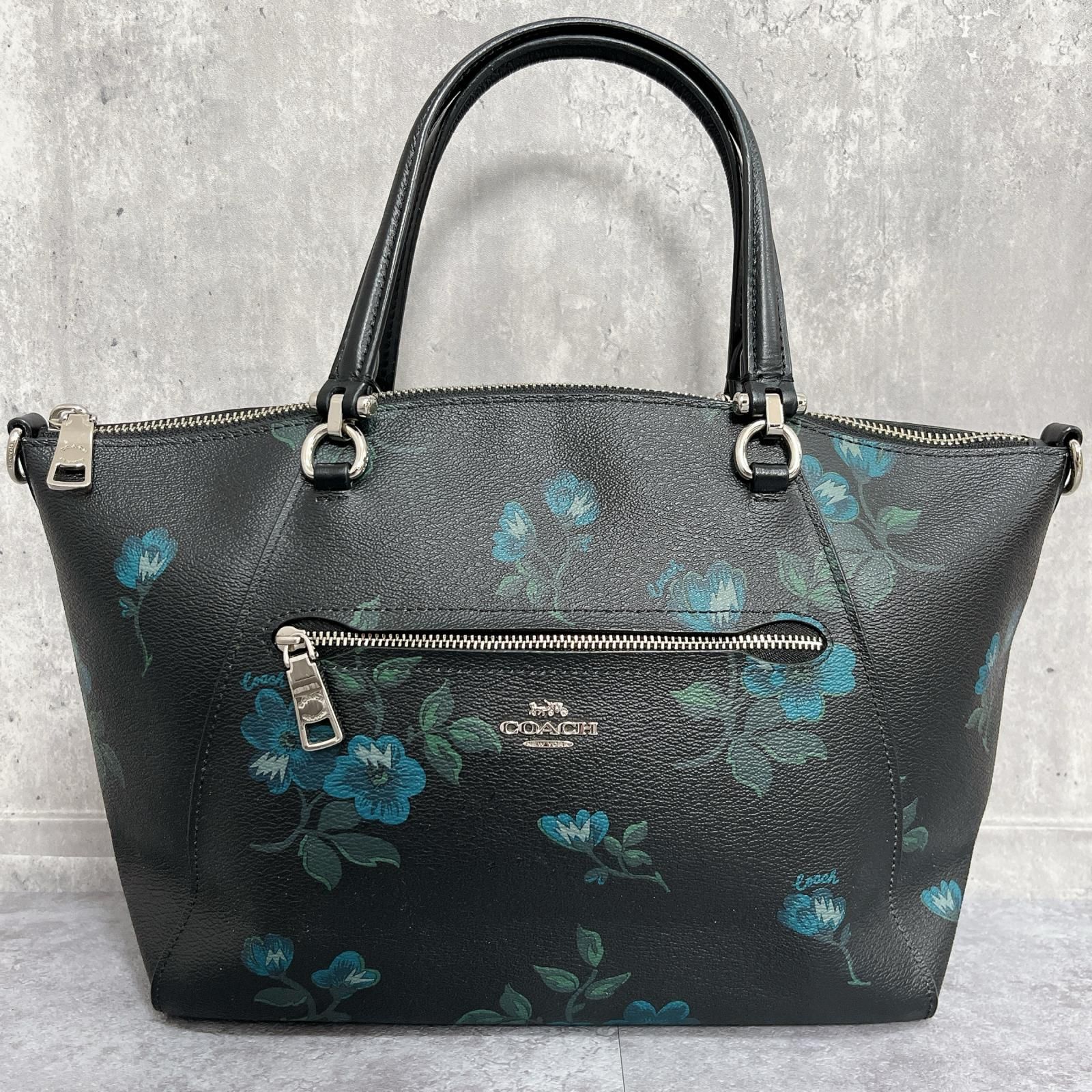 COACH】フラワープリント ハンドバッグ 花柄 レザー ブラック ブルー