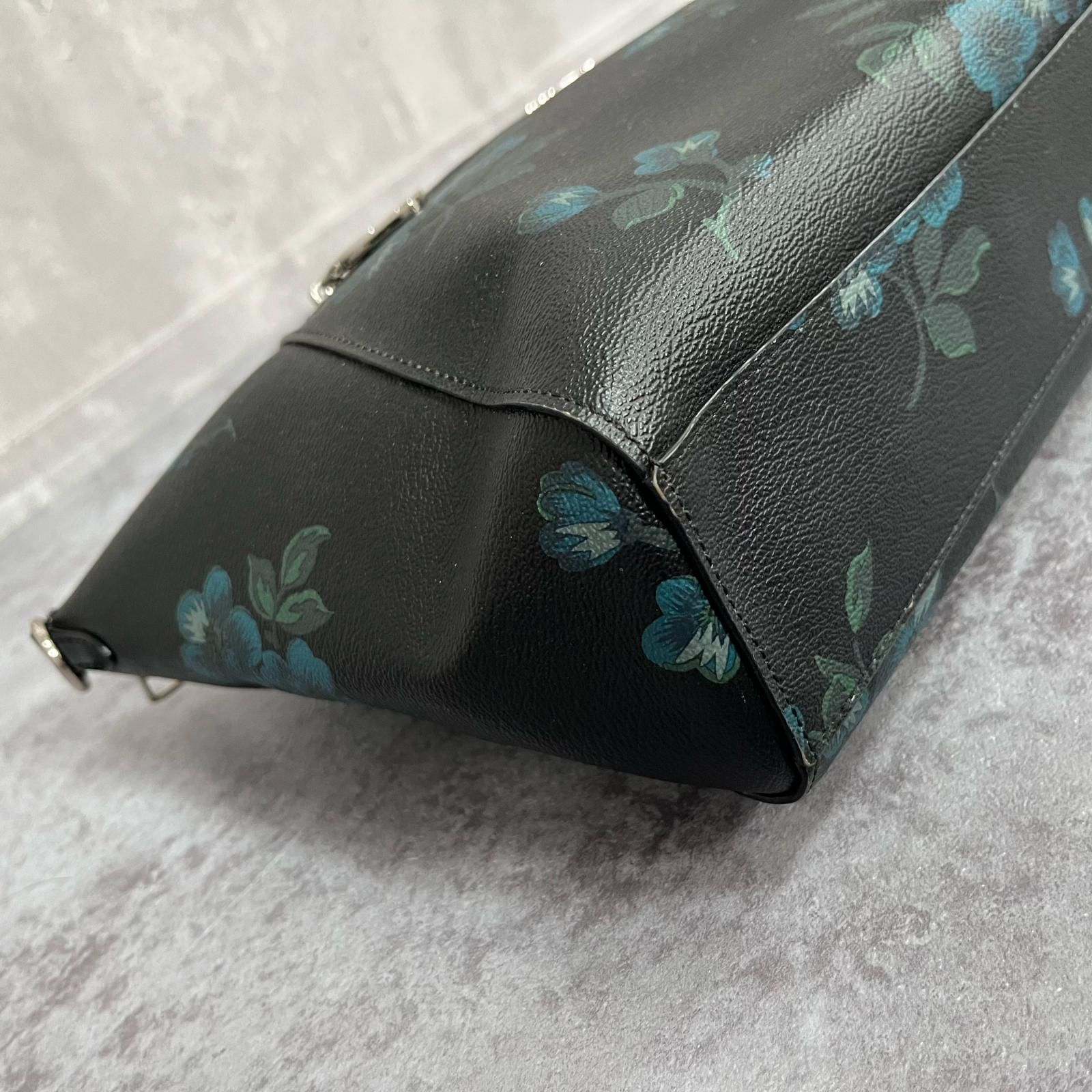 COACH】フラワープリント ハンドバッグ 花柄 レザー ブラック ブルー