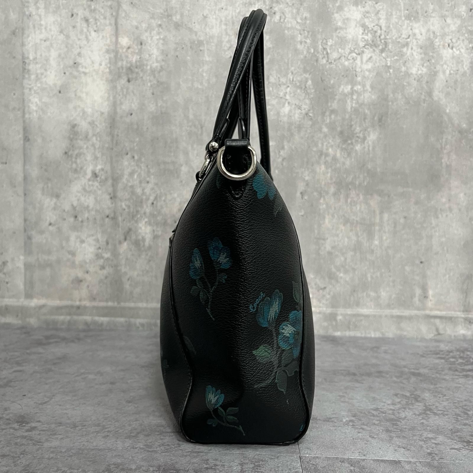 COACH】フラワープリント ハンドバッグ 花柄 レザー ブラック ブルー