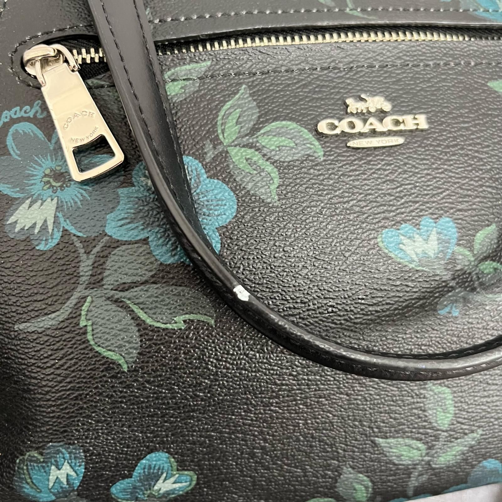 COACH】フラワープリント ハンドバッグ 花柄 レザー ブラック ブルー