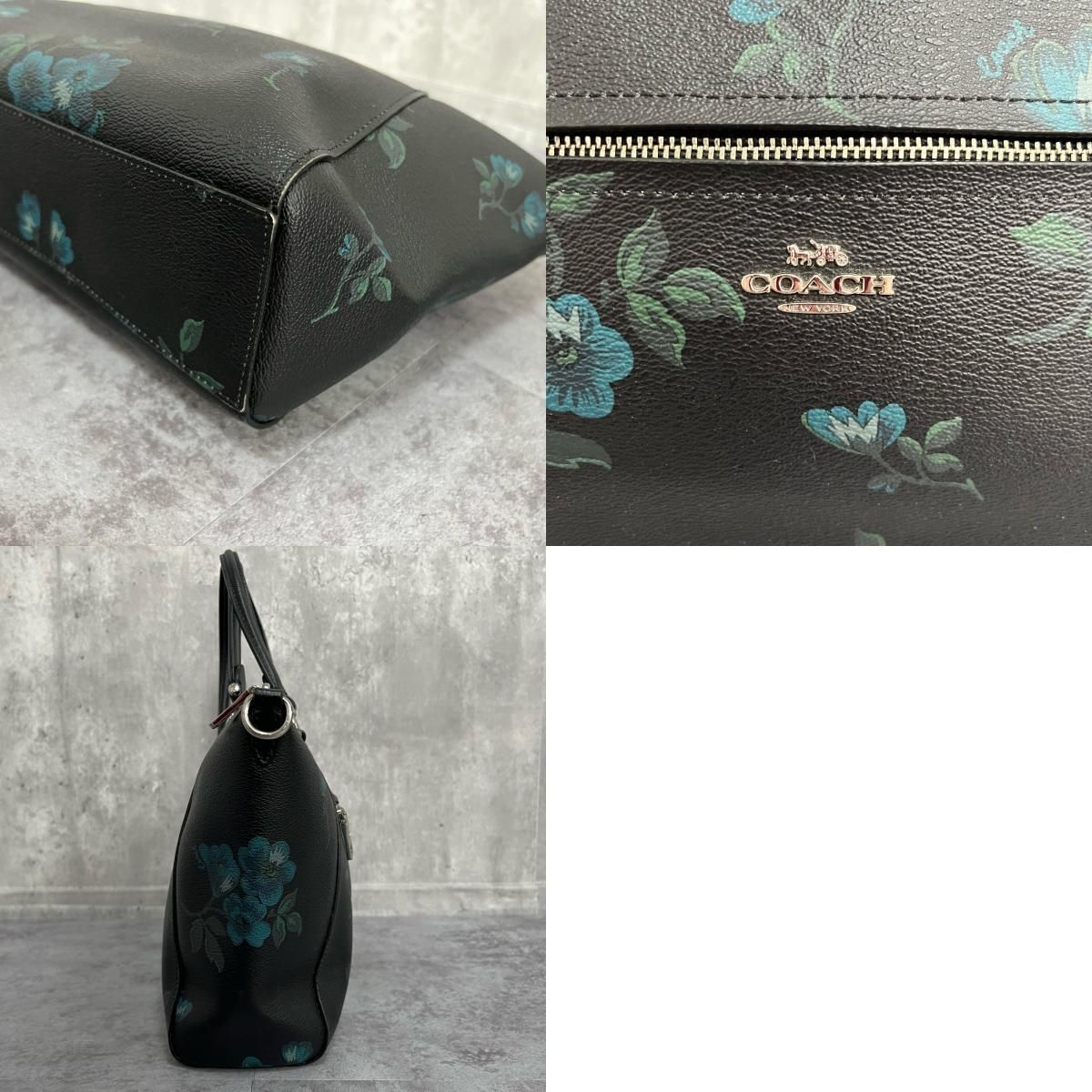 COACH】フラワープリント ハンドバッグ 花柄 レザー ブラック ブルー