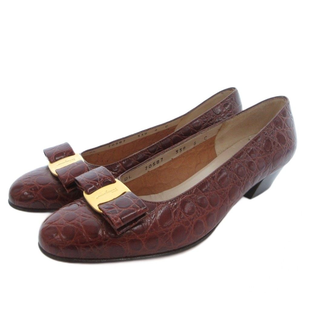 サルヴァトーレフェラガモ Salvatore Ferragamo ヴァラリボン パンプス レザー 型押 クロコダイル ラウンドトゥ 6 茶 ブラウン /FF