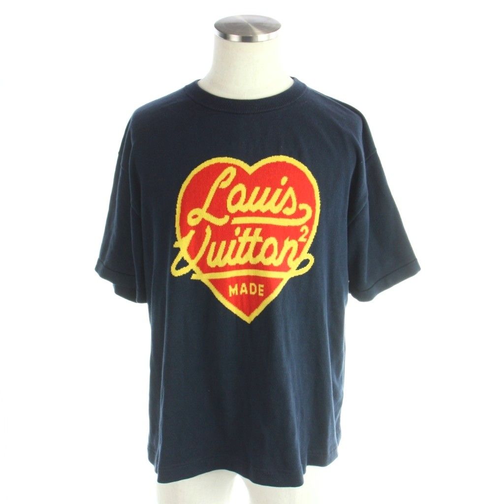 ルイヴィトン LOUIS VUITTON NIGO ニゴー コラボ 22SS インタルシア ジャカード ハート クルーネック ニット Tシャツ カットソー コットン L 紺 ネイビー RM221M JN5 HMN01W /MW ■GY18