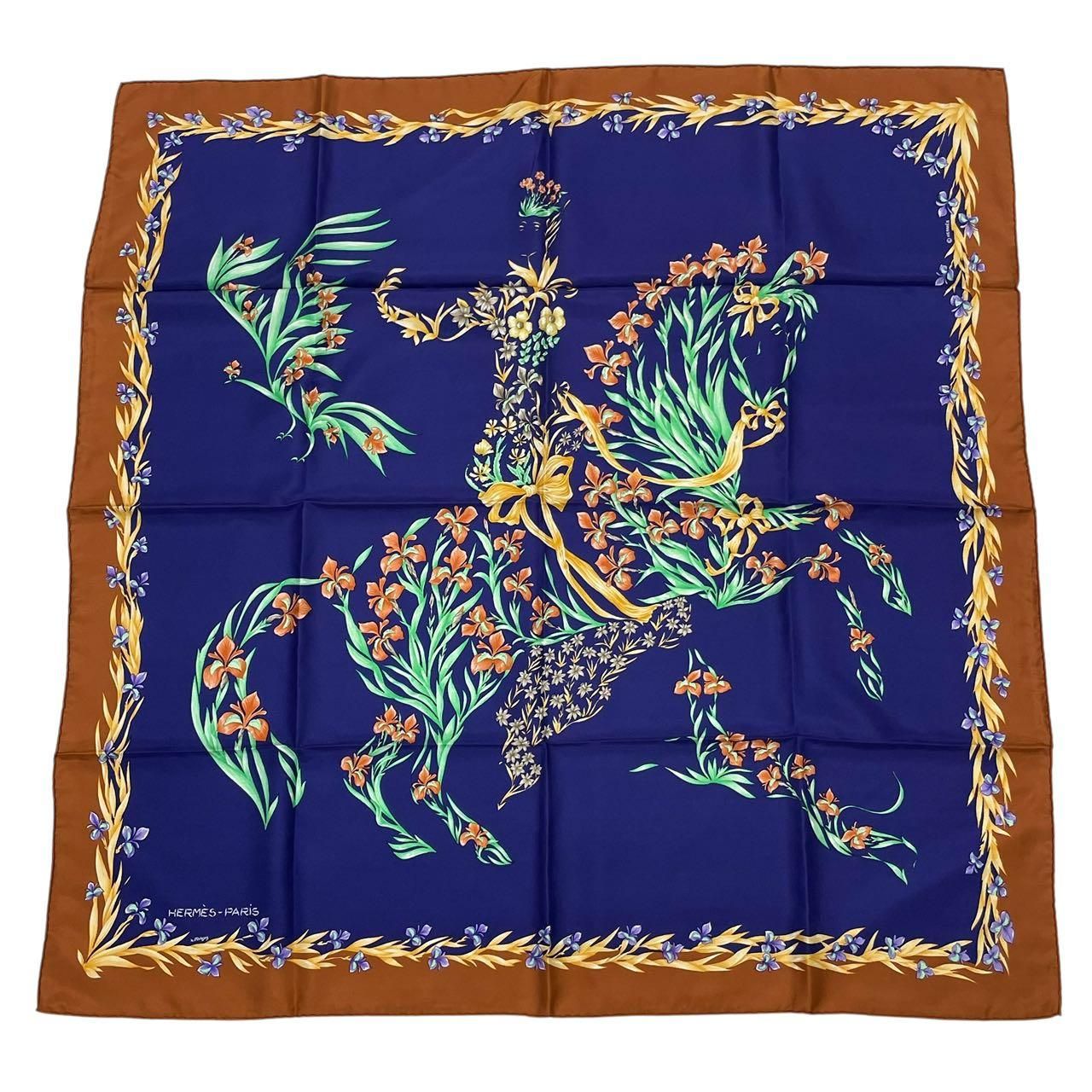 新品同様 HERMES エルメス スカーフ シルク カレ90 CHEVAL fleuri 花