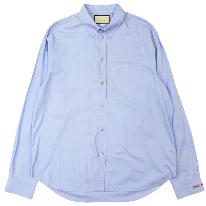 SALE【美品】GUCCI グッチ シャツ サイズ 43/17 メンズ GUCCIBAND エンブロイダリー 刺繍 ロゴ刻印ボタン コットン100% ロングスリーブ 長袖 トップス ブルー 青 イタリア製 SALE【美品】GUCCI グッチ シャツ サイズ 43/17 メンズ GUCCIBAND エン