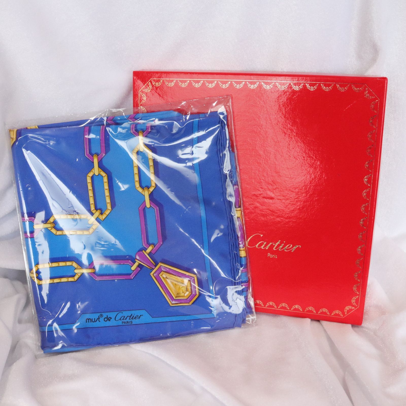 Cartier カルティエ シルクスカーフ ブランド W約83cm 箱付き ブルー