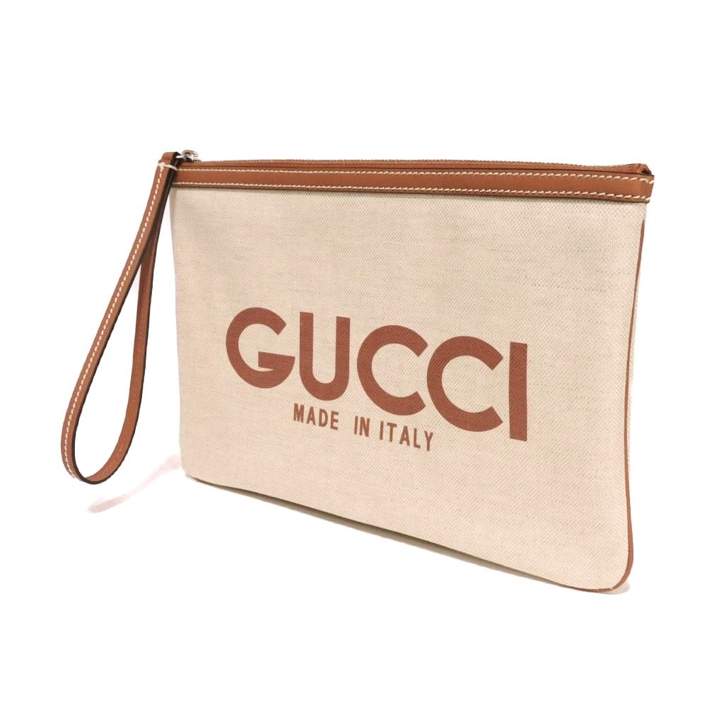 GUCCI グッチ ロゴ プリント ポーチ キャンバス ライトブラウン リスト