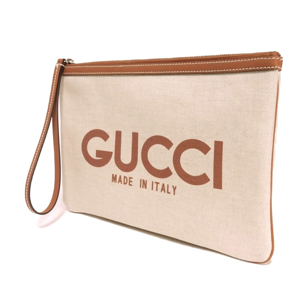 GUCCI グッチ ロゴ プリント ポーチ キャンバス ライトブラウン リスト