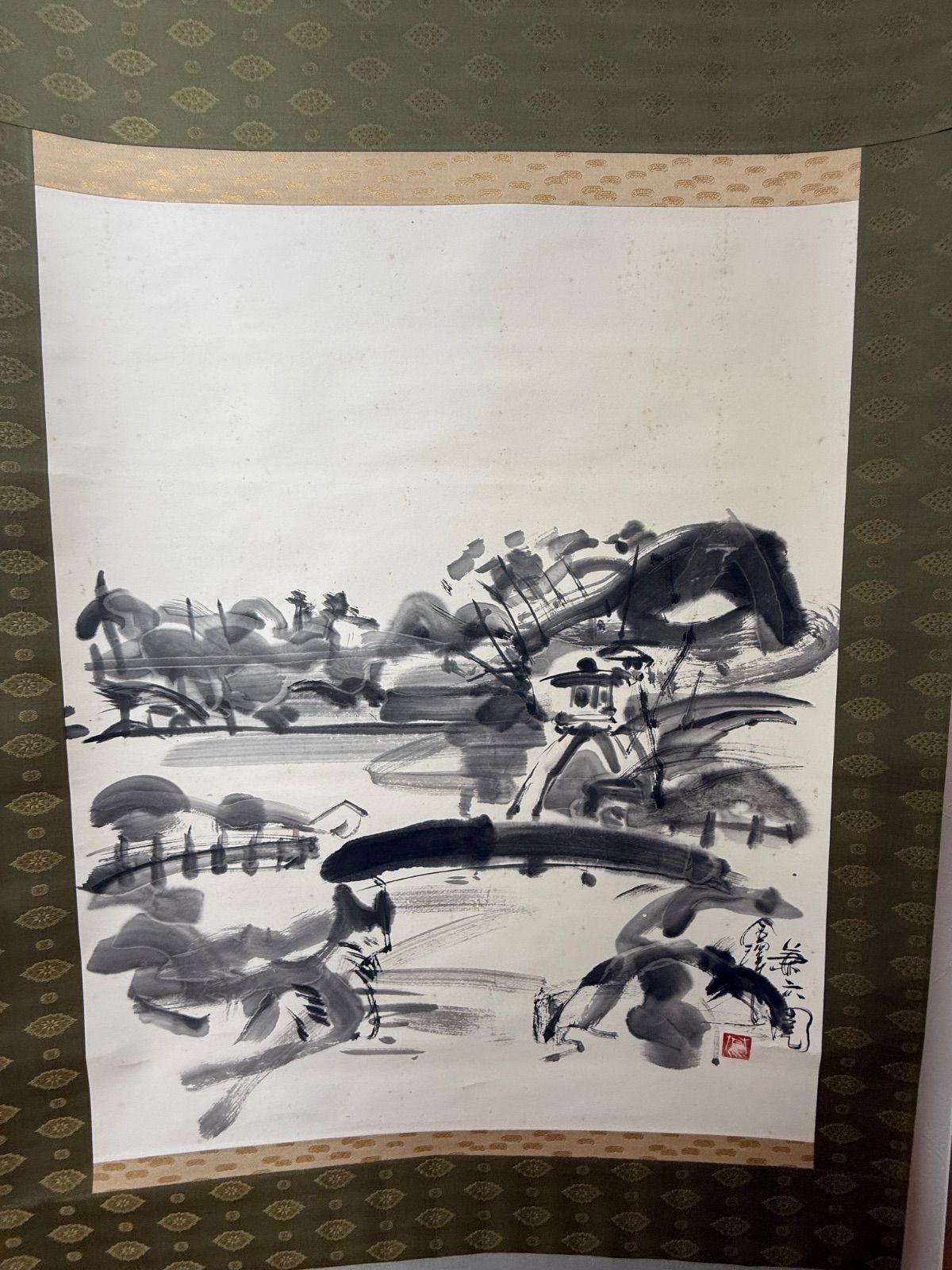掛軸 島健三 作『兼六園之図』水墨画 ことじ灯籠 共箱 骨董品 日本画