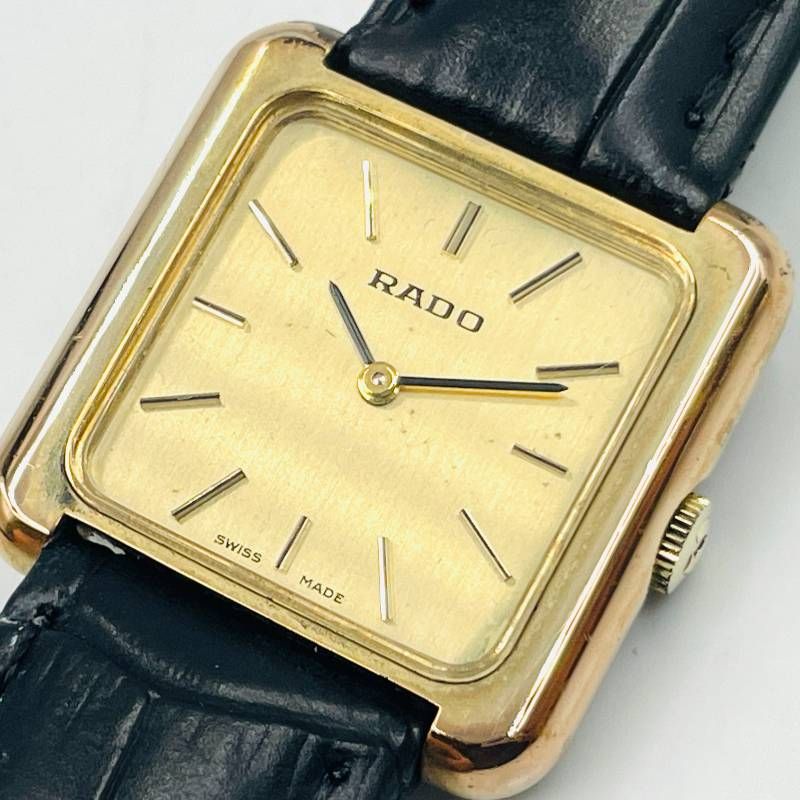 RADO ラドー スクエア 腕時計 ゴールド文字盤 ブラックレザーベルト
