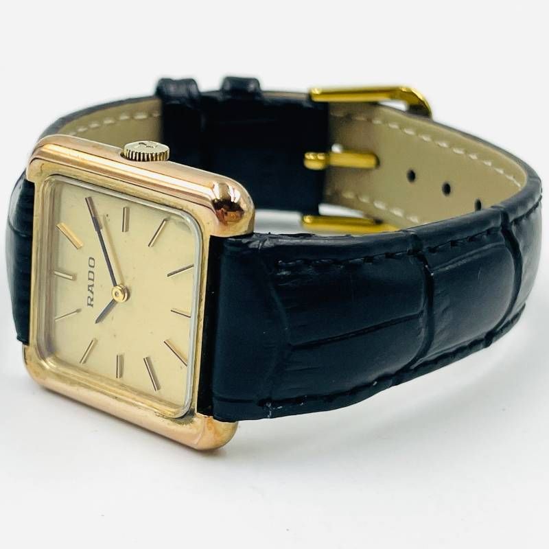 RADO ラドー スクエア 腕時計 ゴールド文字盤 ブラックレザーベルト