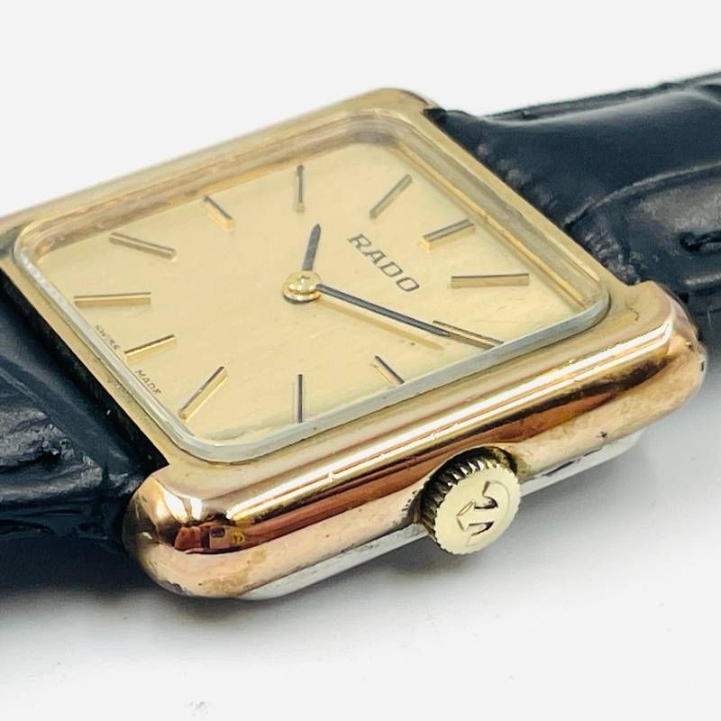 RADO ラドー スクエア 腕時計 ゴールド文字盤 ブラックレザーベルト