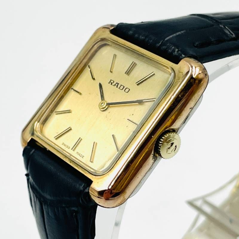 RADO ラドー スクエア 腕時計 ゴールド文字盤 ブラックレザーベルト