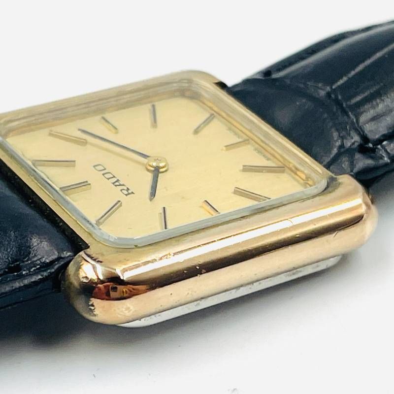 RADO ラドー スクエア 腕時計 ゴールド文字盤 ブラックレザーベルト