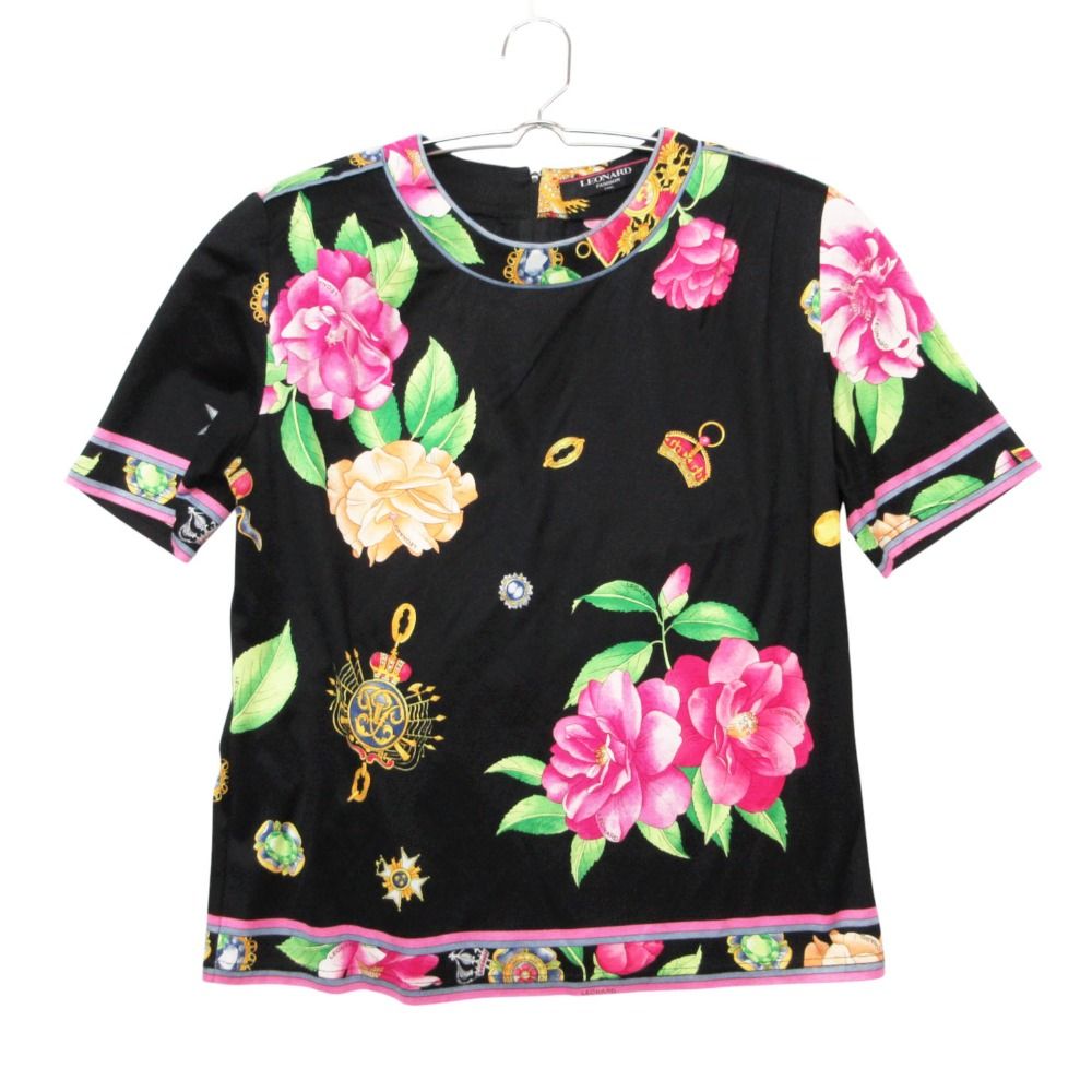 美品 LENARD レオナール カットソー Tシャツ 半袖 花柄 フラワー フローラル 総柄 ストレッチ コットン プルオーバー トップス ブラック M レディース 【中古】