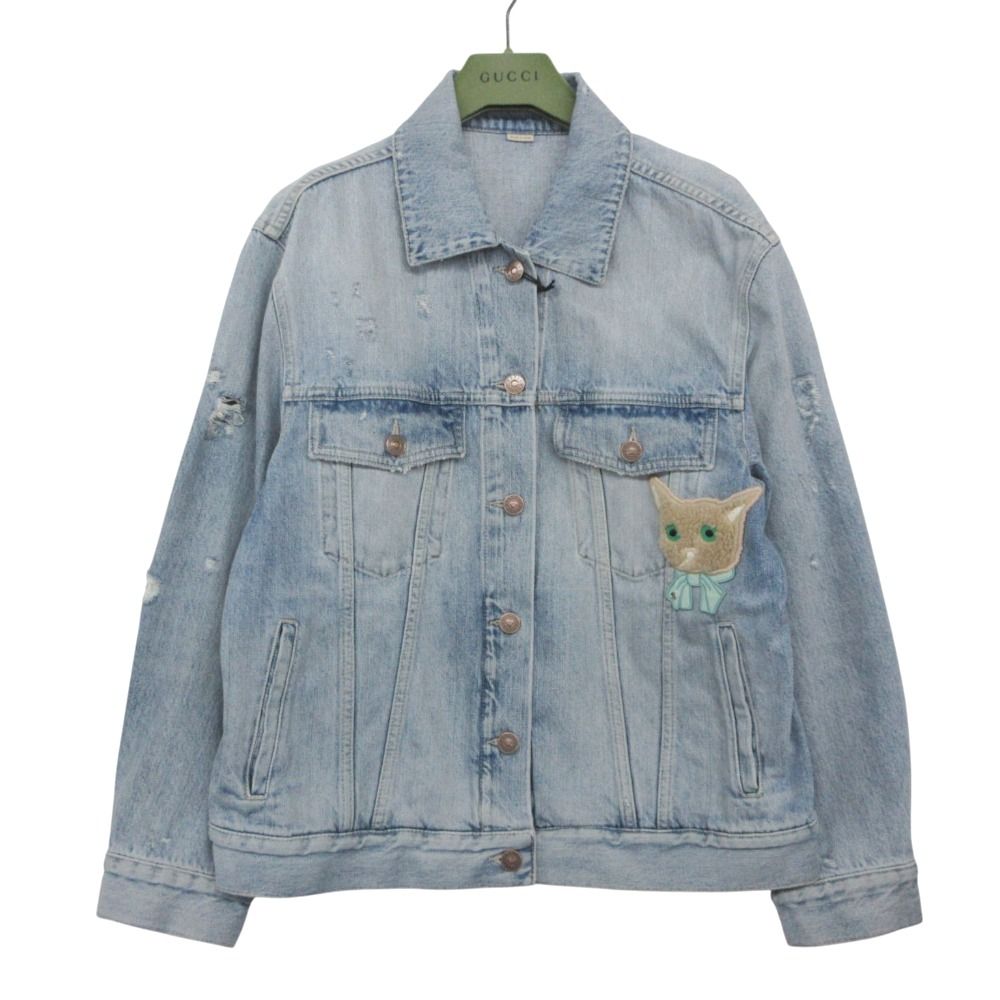 新品同様 GUCCI グッチ デニムジャケット 未使用品 ヒグチユウコ キャット オーガニックデニム ジャケットGジャン ポム パッチ ライトインディゴ レギュラーカラー ダメージ ライトブルー 36【S】 レディース