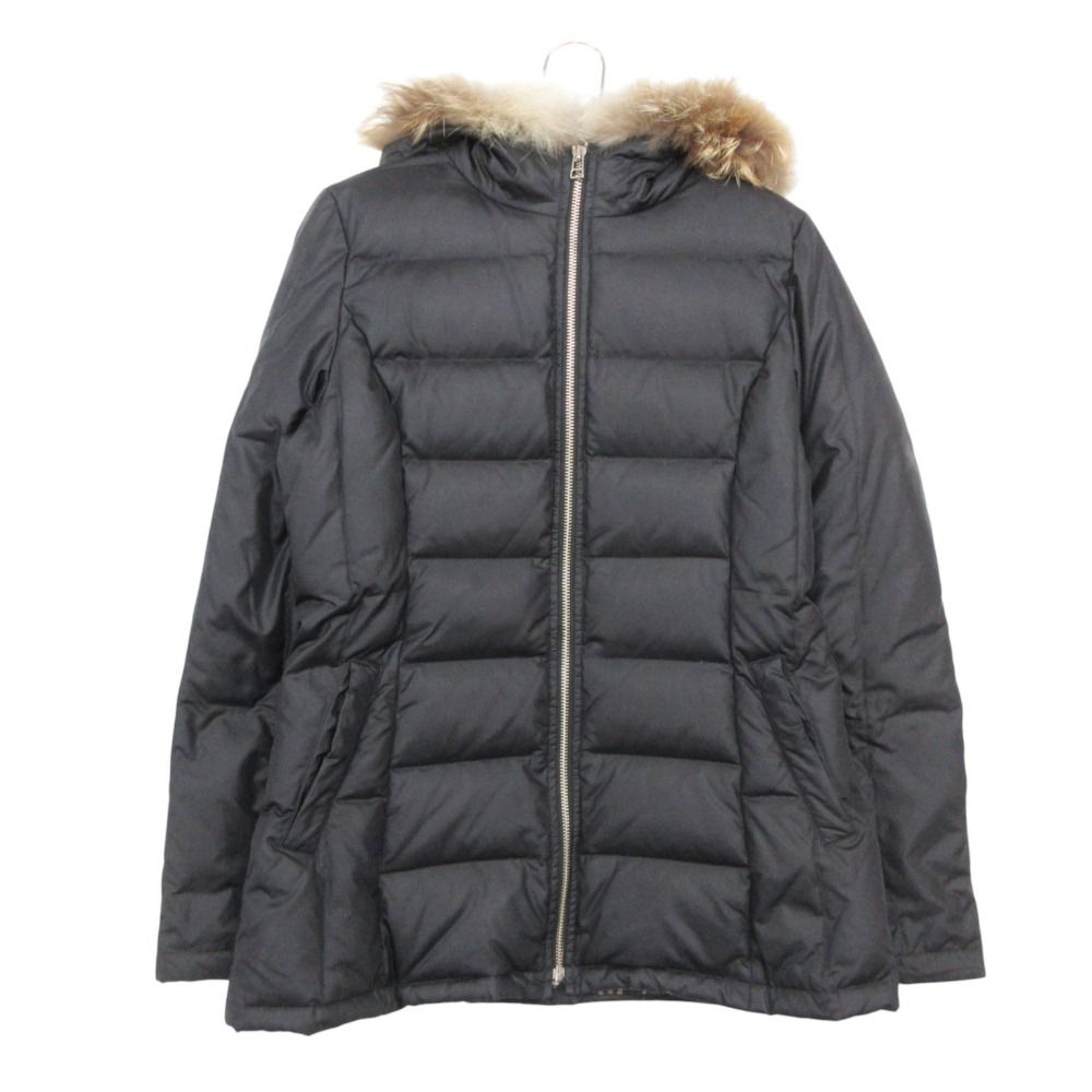 BURBERRY BLUE LABEL バーバリーブルーレーベル ダウンジャケット ノバチェック柄裏地 フォックスファー ハイネック フーディー ナイロン コート ブラック 38【M】 レディース 【中古】