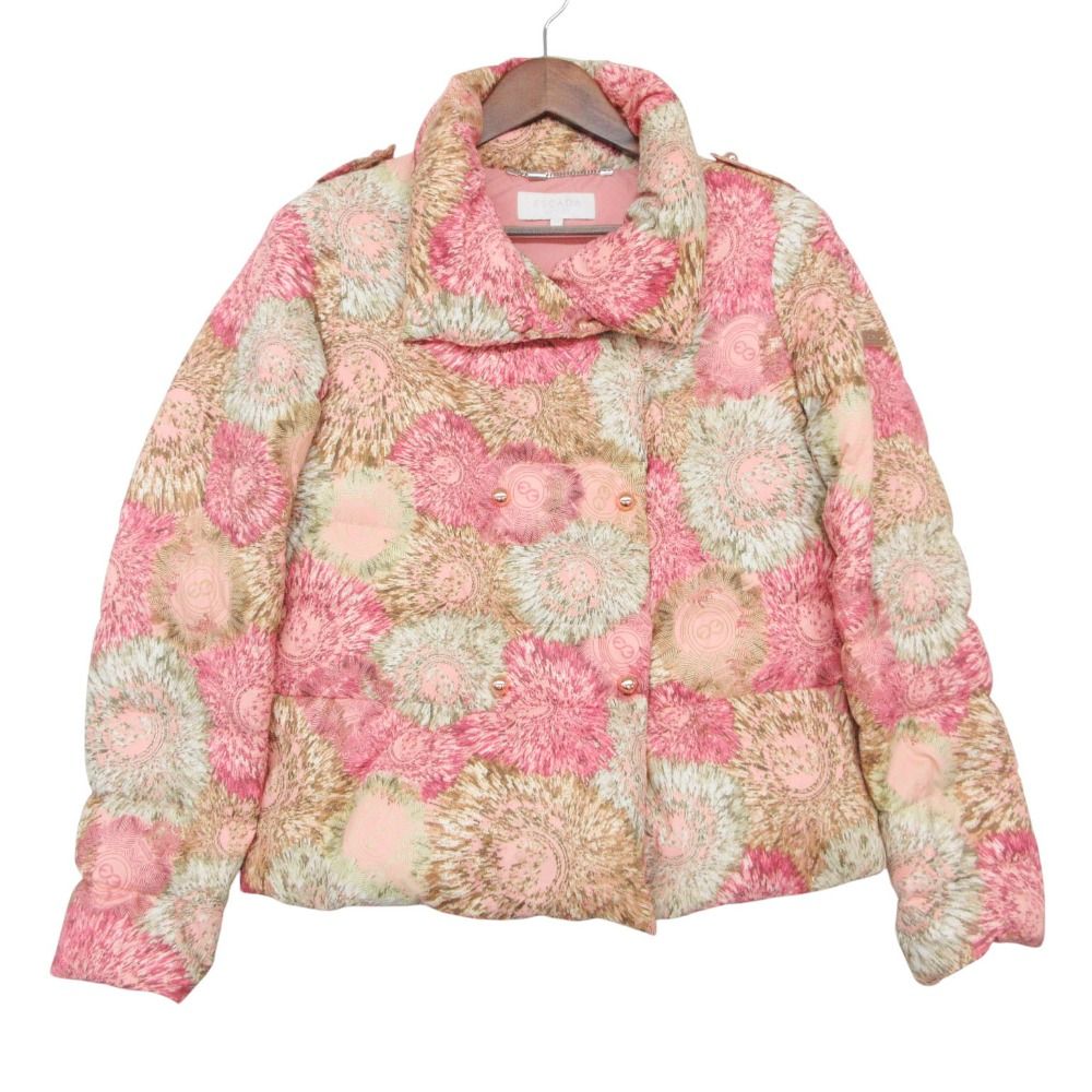 ESCADA エスカーダ ダウンジャケット 花柄 総柄 ハイネック ダブルボタン ショート丈 アウター マルチカラー 34【XS】 レディース 【中古】