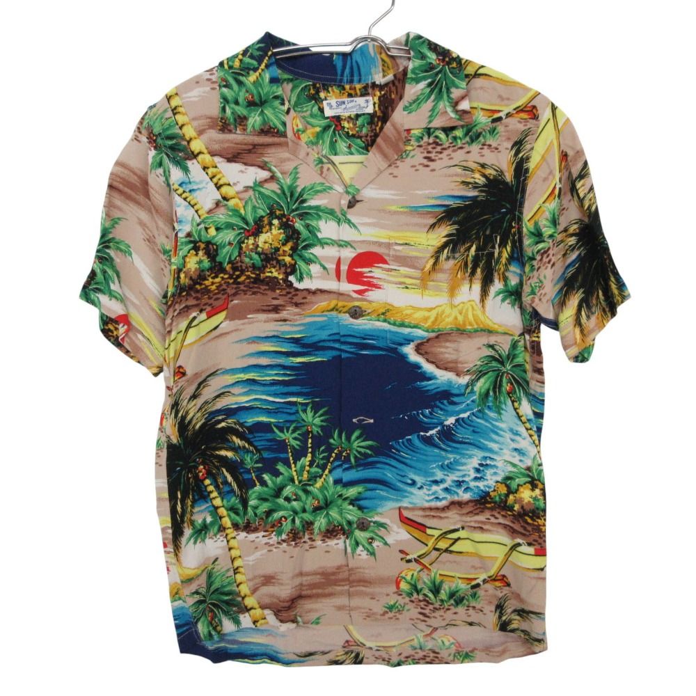 SUN SURF サンサーフ 東洋エンタープライズ アロハ 半袖シャツ 開襟 ハワイアン ヤシの木 リゾート レーヨン100％ WAIKIKI SHORE TOP'S トップス マルチカラー XS メンズ レディース 【中古】