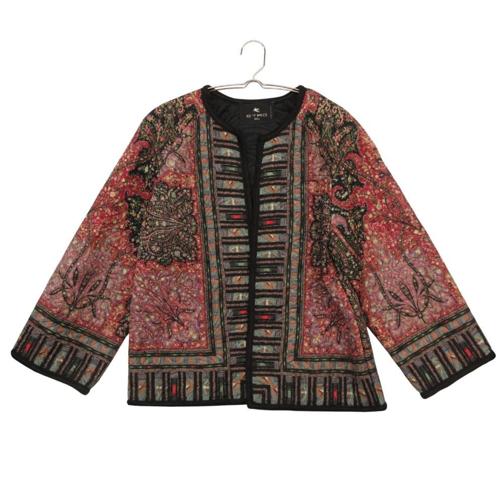 美品 ETRO エトロ ノーカラージャケット キルティング ブルゾン シルク混 ブレード 刺繍 総柄 マルチカラー 40【M】 レディース 【中古】