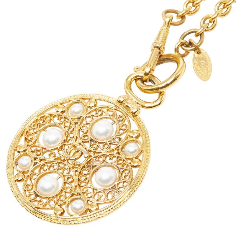 シャネル ココマーク ロング チェーン ネックレス ペンダント ゴールド メッキ フェイクパール レディース CHANEL【1-0278606】
