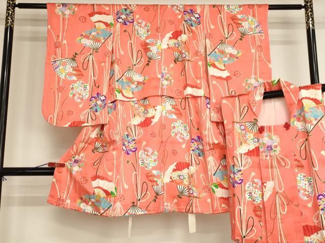 平和屋着物[]七五三　女の子　３歳　祝着　三つ身　被布セット　舞扇花文　金彩　逸品　AABI2902ja