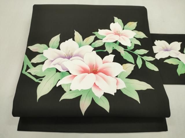 平和屋着物●塩瀬　九寸名古屋帯　手描き　草花文　黒地　正絹　逸品　CABI7341dy