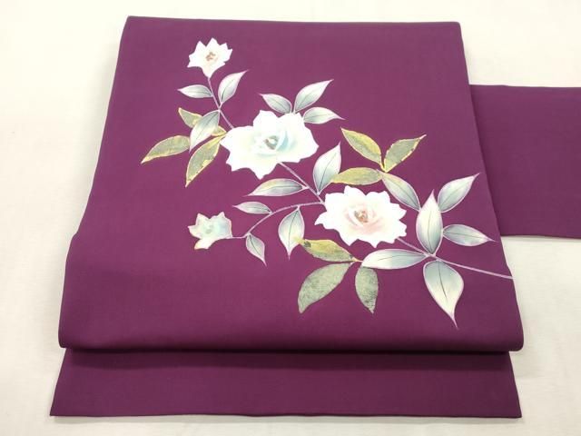 平和屋着物●塩瀬　九寸名古屋帯　手描き　薔薇　金彩　正絹　逸品　CABI7402dy