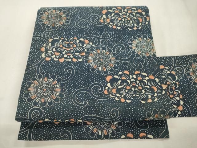 平和屋着物●九寸名古屋帯　型染め　花唐草文　綿　未使用　CABI7474dy