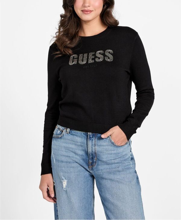 ゲス レディース アウター ニット・セーター クルーネック ロゴ 長袖 GUESS Womens LongSleeve Norah Crewneck Logo Sweater Jet Black ブラ