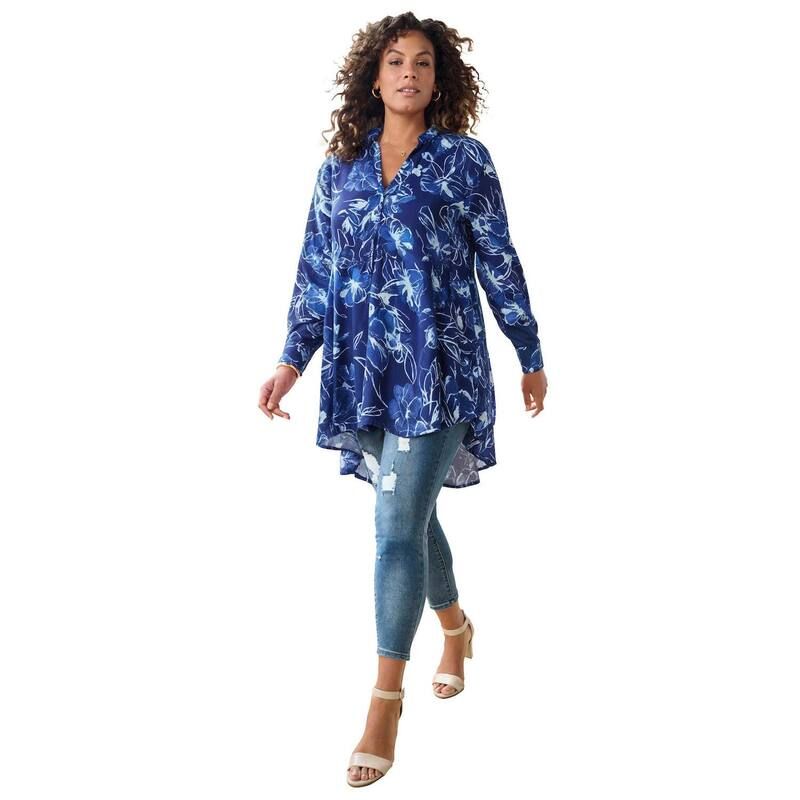 ロアマンズ レディース トップス Tシャツ プラスサイズ Roamans Womens Plusize Hand Crinkled Fit And Flare Tunic Navy Painterly