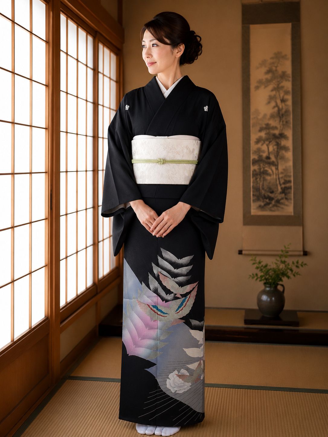 飛鳥舞う夏 駒絽 黒留袖 飛鳥文様 波文様 銀彩 五つ紋 比翼・袖襦袢付