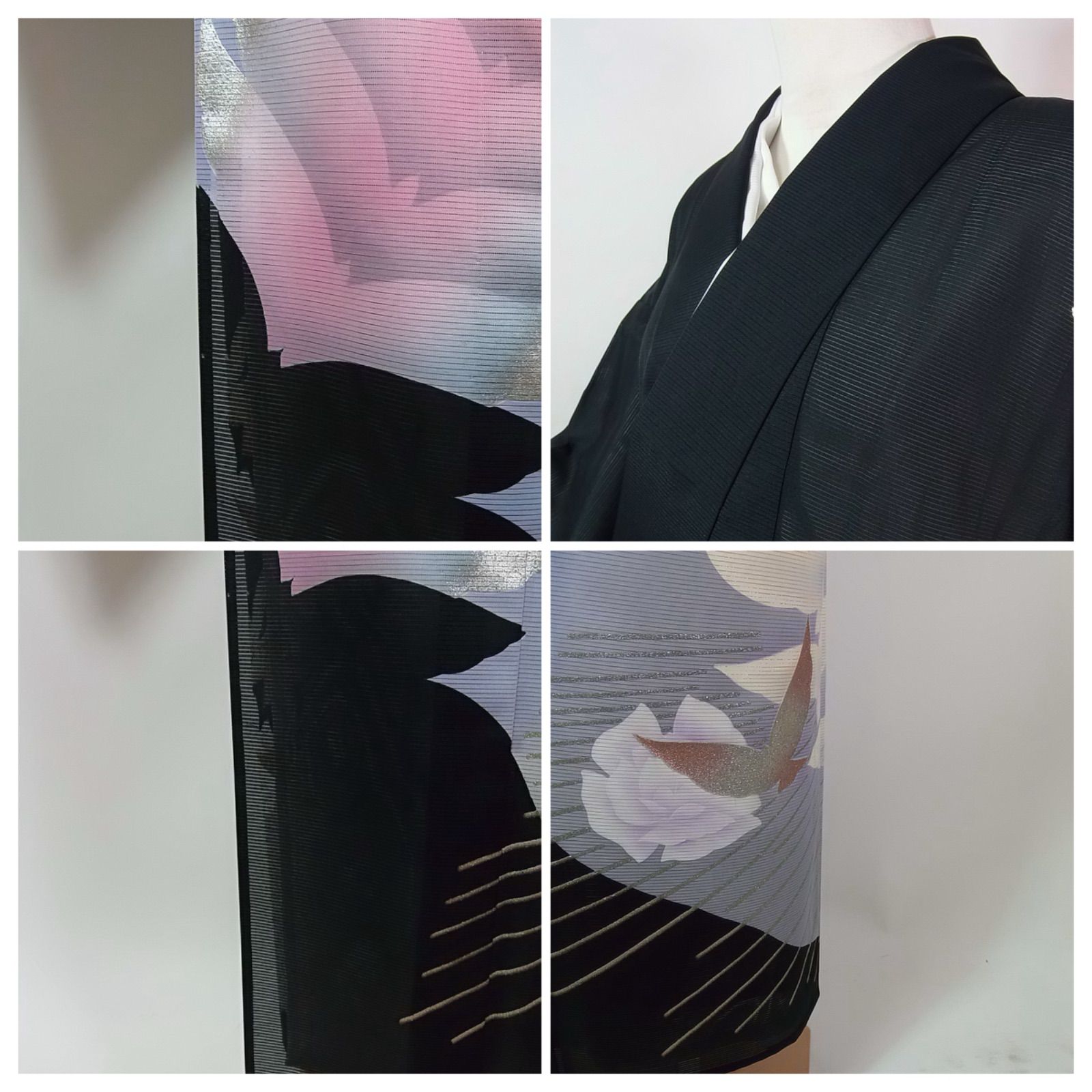 飛鳥舞う夏 駒絽 黒留袖 飛鳥文様 波文様 銀彩 五つ紋 比翼・袖襦袢付