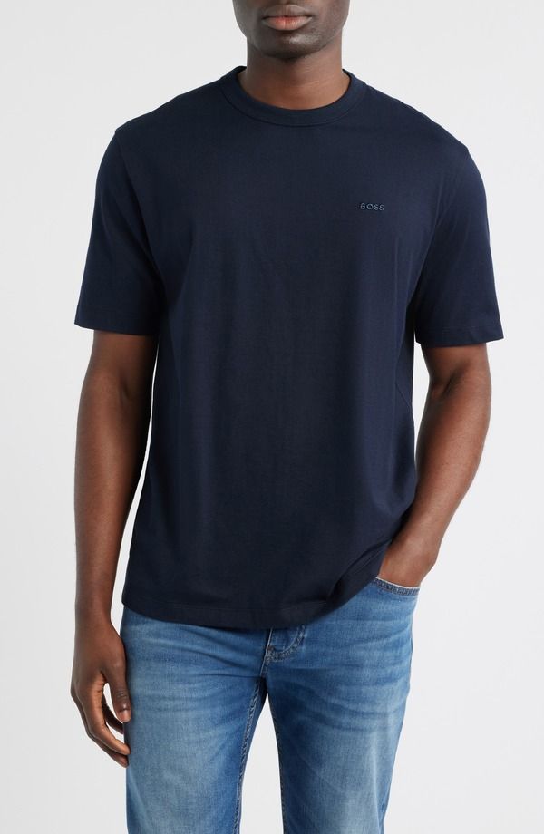 ボス メンズ トップス Tシャツ コットン ロゴ BOSS Taut Solid Cotton Logo TShirt Dark Blue ブルー