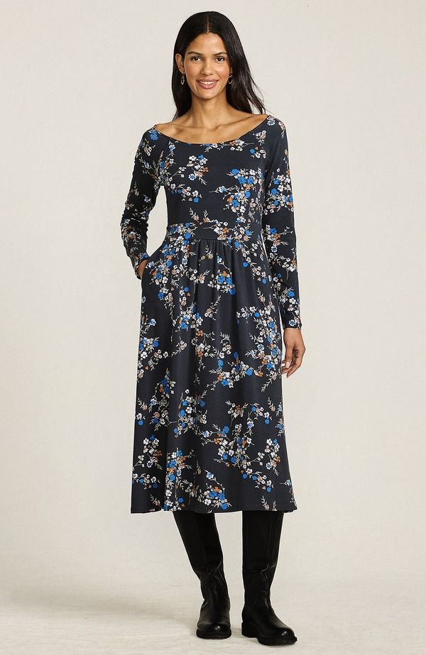 ランズエンド レディース トップス ワンピース ミディ コットン Lands End Cotton Modal Off Shoulder Midi Dressteel Gray Fall Floral