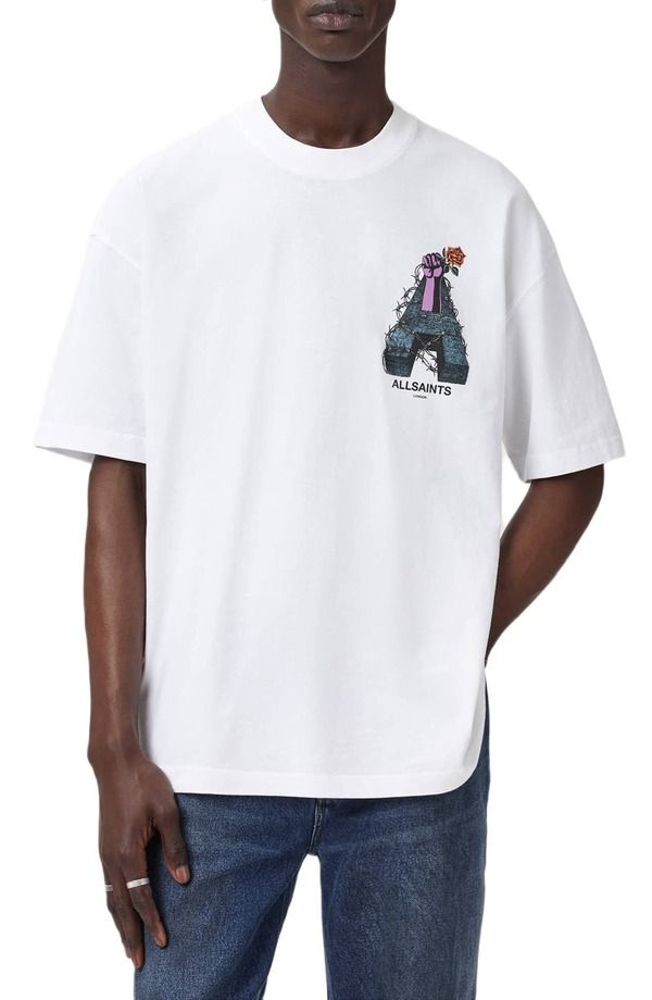 オールセインツ メンズ トップス Tシャツ コットン グラフィック AllSaints Defiance Cotton Graphic TShirt Optic White ホワイト