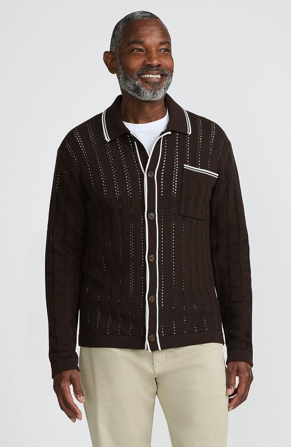 ランズエンド メンズ トップス ポロシャツ カーディガン Lands End Long Sleeve Button Through Summer Polo Cardigan Rich Coffee コ