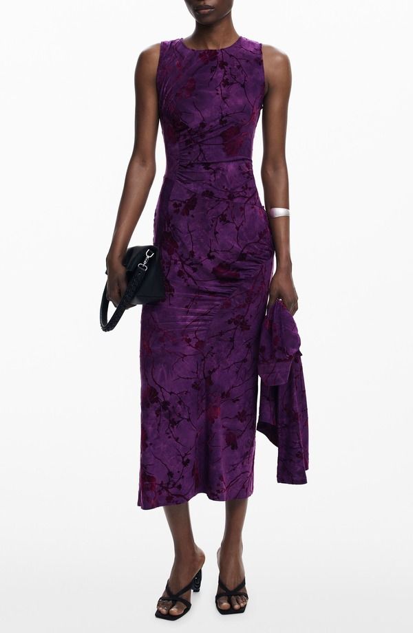 デジグアル レディース トップス ワンピース フラワー柄 ミディ ベルベット フラワー Desigual Floral Stretch Velvet Midi Dress Medium Purple