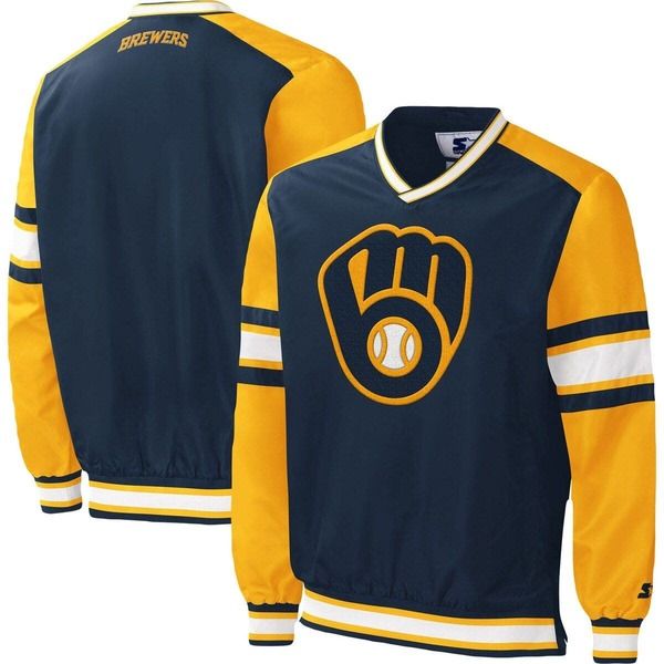 スターター メンズ アウター ジャケット・ブルゾン Vネック Menstarter Navy Milwaukee Brewers Yardline VNeck Pullover Windbreaker