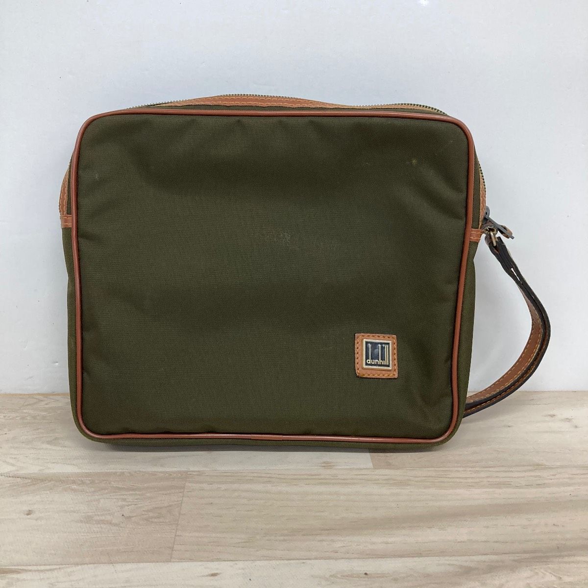 Dunhill Clutch/Second Bag Khaki x Brown French Canvas Logo Plate Mens [OK04097]