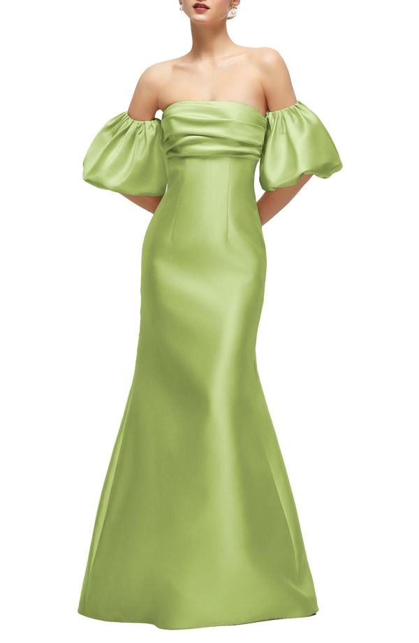 アルフレッド レディース トップス ワンピース サテン Alfred Sung Off the Shoulder Puff Sleeve Satin Gown Mojito