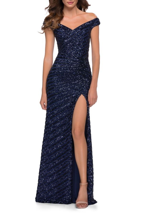 ラフェム レディース トップス ワンピースパンコール スカート La Femme Off the Shoulder Sequin Long Dress with Skirt Slit Navy ネイビ