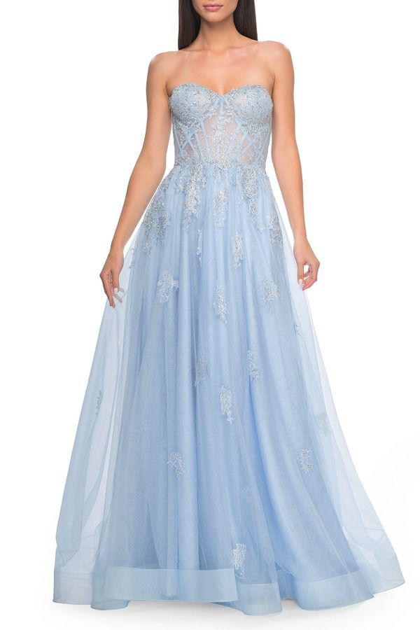 ラフェム レディース トップス ワンピース A ライン レース La Femme Gorgeous Lace ALine Dress with Rhinestone Lace Details Clou
