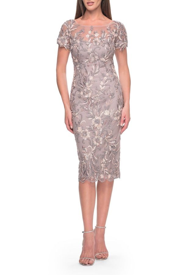 ラフェム レディース トップス ワンピース ひざ丈 レース La Femme Knee Length Beaded Lace Mother of the Bride Dress Dusty Mauve