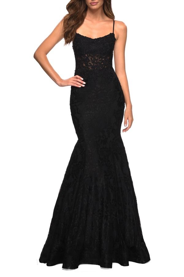 ラフェム レディース トップス ワンピース オープンバック シアー レース La Femmermaid Lace Gown with Sheer Bodice and Open Back Black