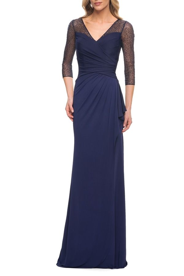 ラフェム レディース トップス ワンピース フリル スカート ジャージー La Femme Jersey Long Dress with Beading and Ruffle Skirt Navy ネ