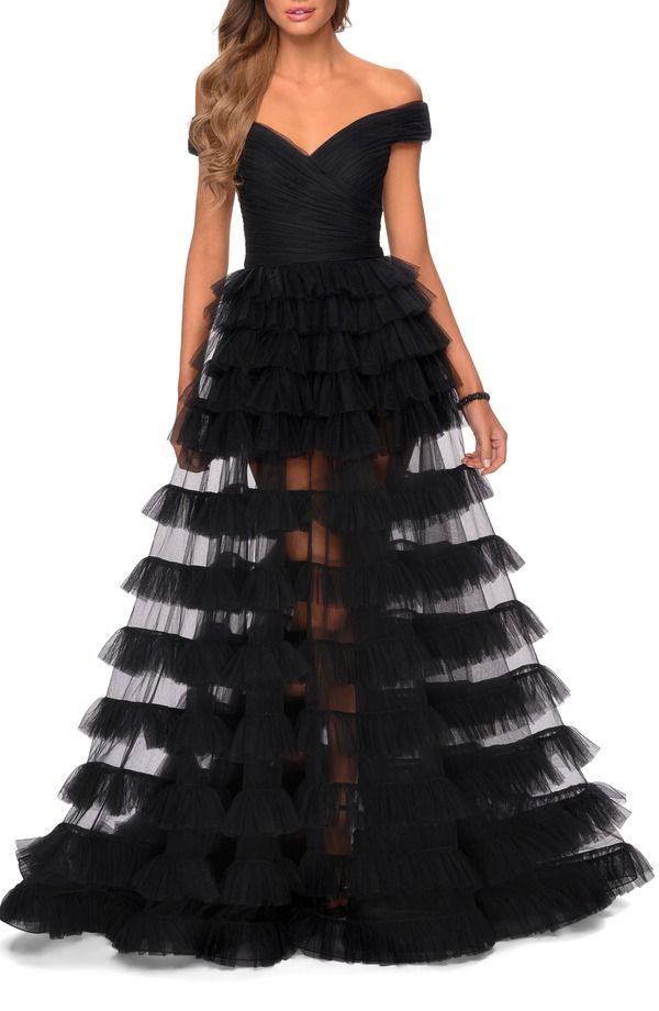 ラフェム レディース トップス ワンピース チュール シアー La Femme Sheer Layered Tulle Off the Shoulder Prom Gown Black ブラック