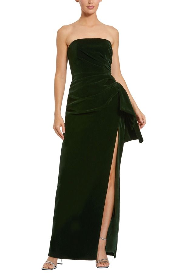 マックダガル レディース トップス ワンピース ドレープ ベルベット ストラップレス Mac Duggal Strapless High Slit Draped Velvet Gown Olive オ