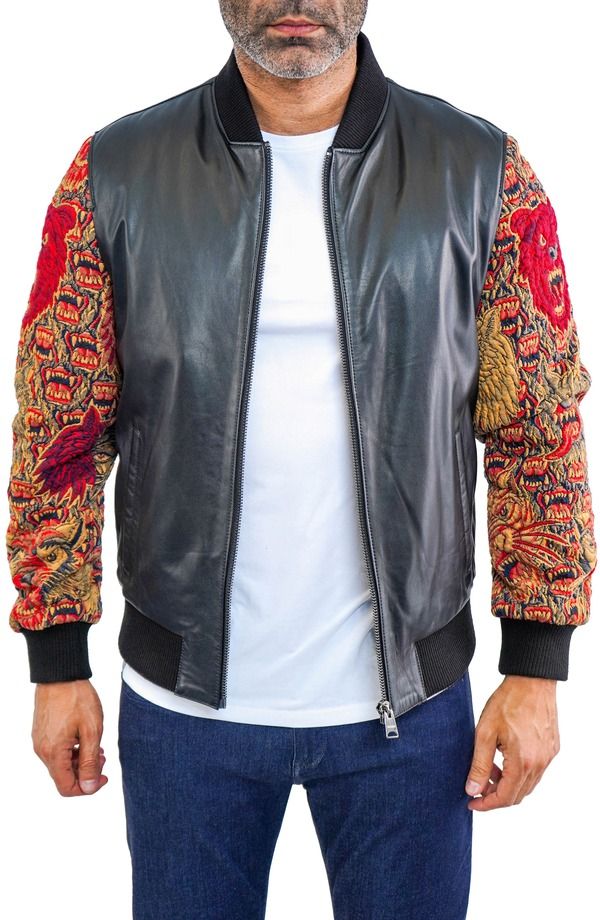 マセオ メンズ アウター ジャケット・ブルゾン レザー Maceoo Dragon Sleeve Leather Bomber Jacket Black ブラック