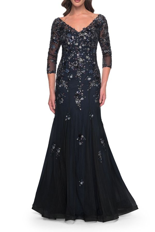 ラフェム レディース トップス ワンピース レース La Femmermaid Lace Applique Gown with V Neckline and Sleeves BlackNavy ブラッ